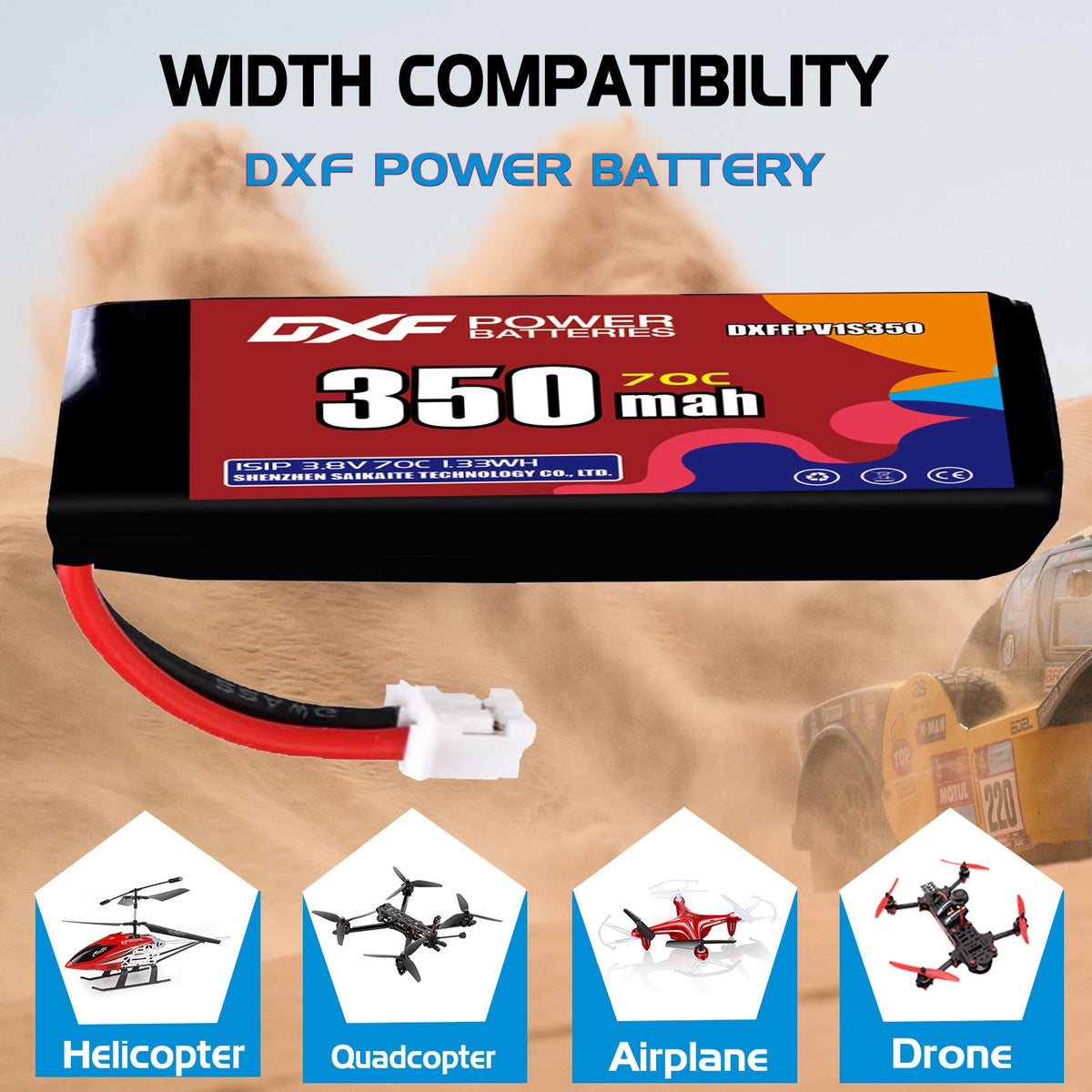 DXF LiPo Battery 1S HV 3.8V 350mAh 70C with PH2.0 / JST / XT30 / SM / XT60 / EC5 / XT90 for FPV Drone Whoop Micro Racing