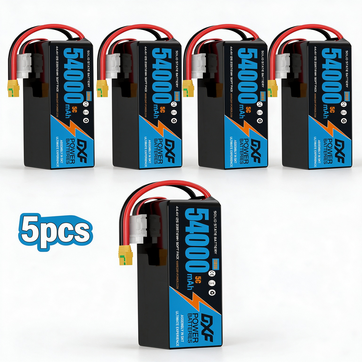 DXF SEMI-SOLID 12S 44.4V 54000mAh 5C Soft Case LiPo Battery with 8AWG Wire for Toy Cars, Boats, UAVs & Drones (1-6 Pack)