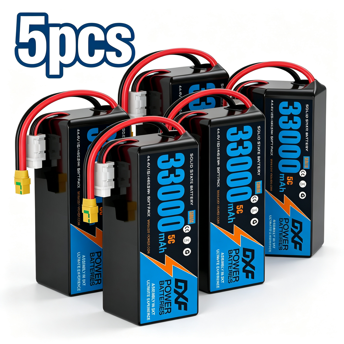 DXF SEMI-SOLID 12S 44.4V 33000mAh 5C Soft Case LiPo Battery with 8AWG Wire for Toy Cars, Boats, UAVs & Drones (1-6 Pack)