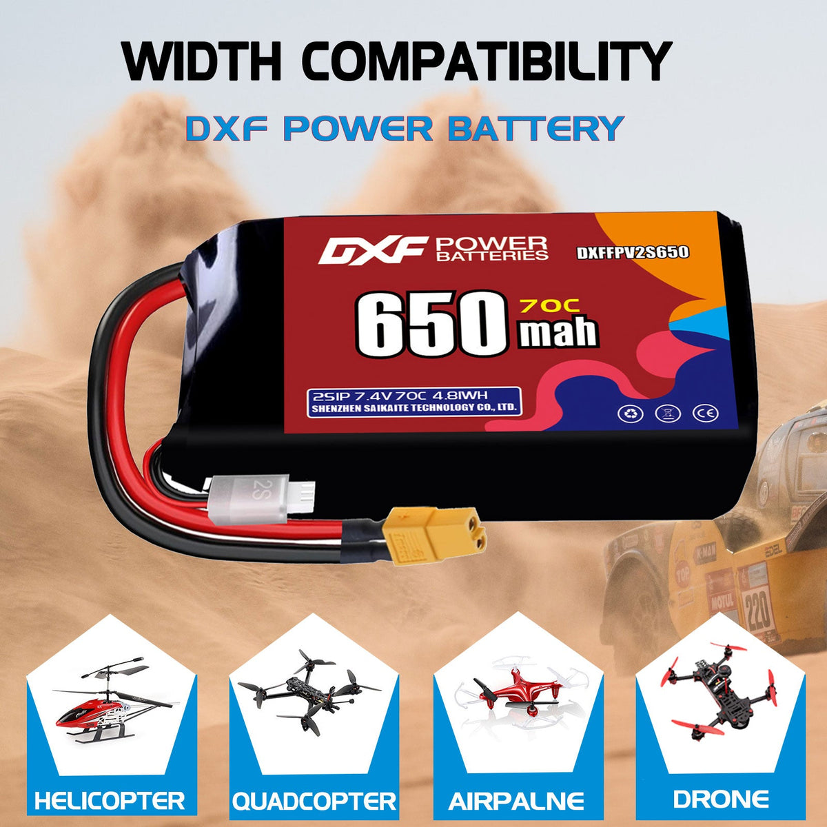 DXF LiPo Battery 2S 7.4V 650mAh 70C with PH2.0 / JST / XT30 / SM / XT60 / EC5 / XT90 for FPV Drone Whoop Micro Racing