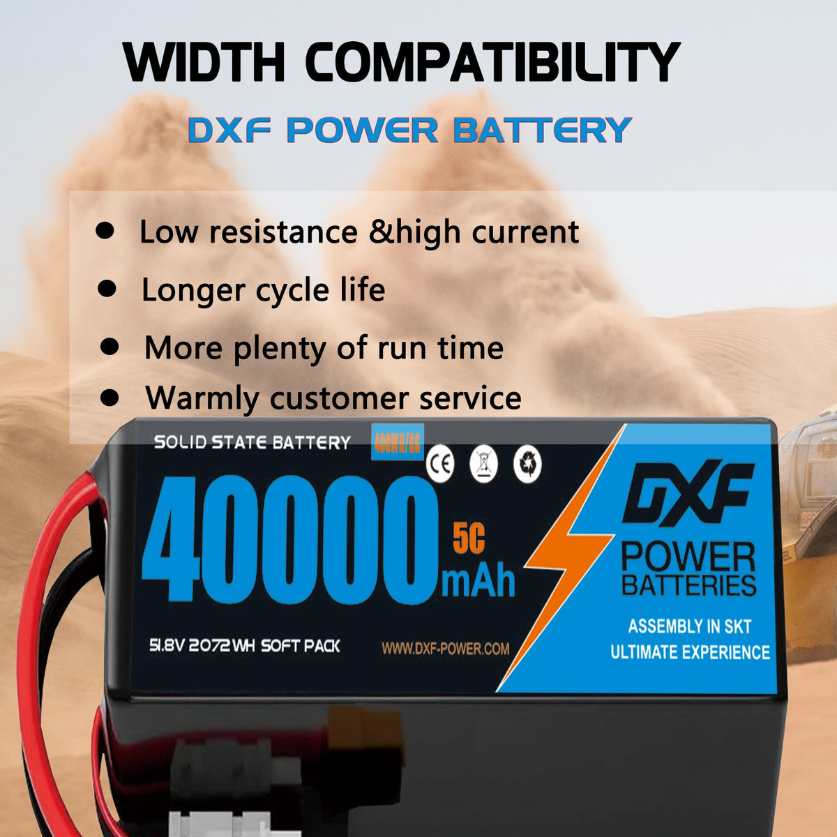 DXF SEMI-SOLID 14S 51.8V 40000mAh 5C Soft Case LiPo Battery with 8AWG Wire for Toy Cars, Boats, UAVs & Drones (1-6 Pack)