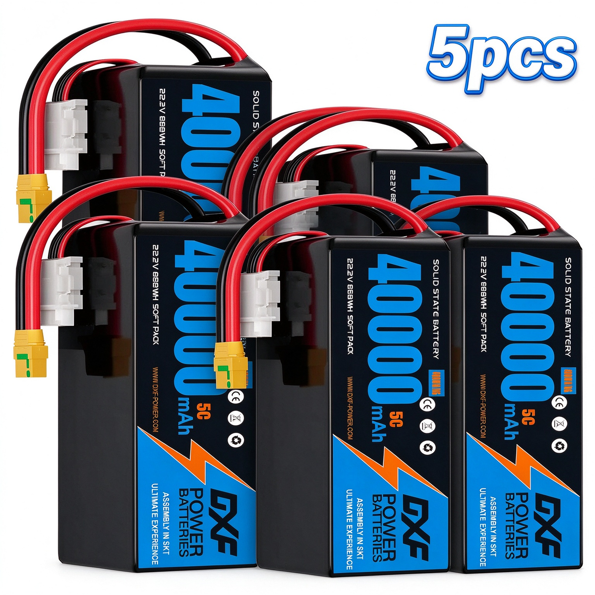 DXF SEMI-SOLID 6S 22.2V 40000mAh 5C Soft Case LiPo Battery with 8AWG Wire for Toy Cars, Boats, UAVs & Drones (1-6 Pack)