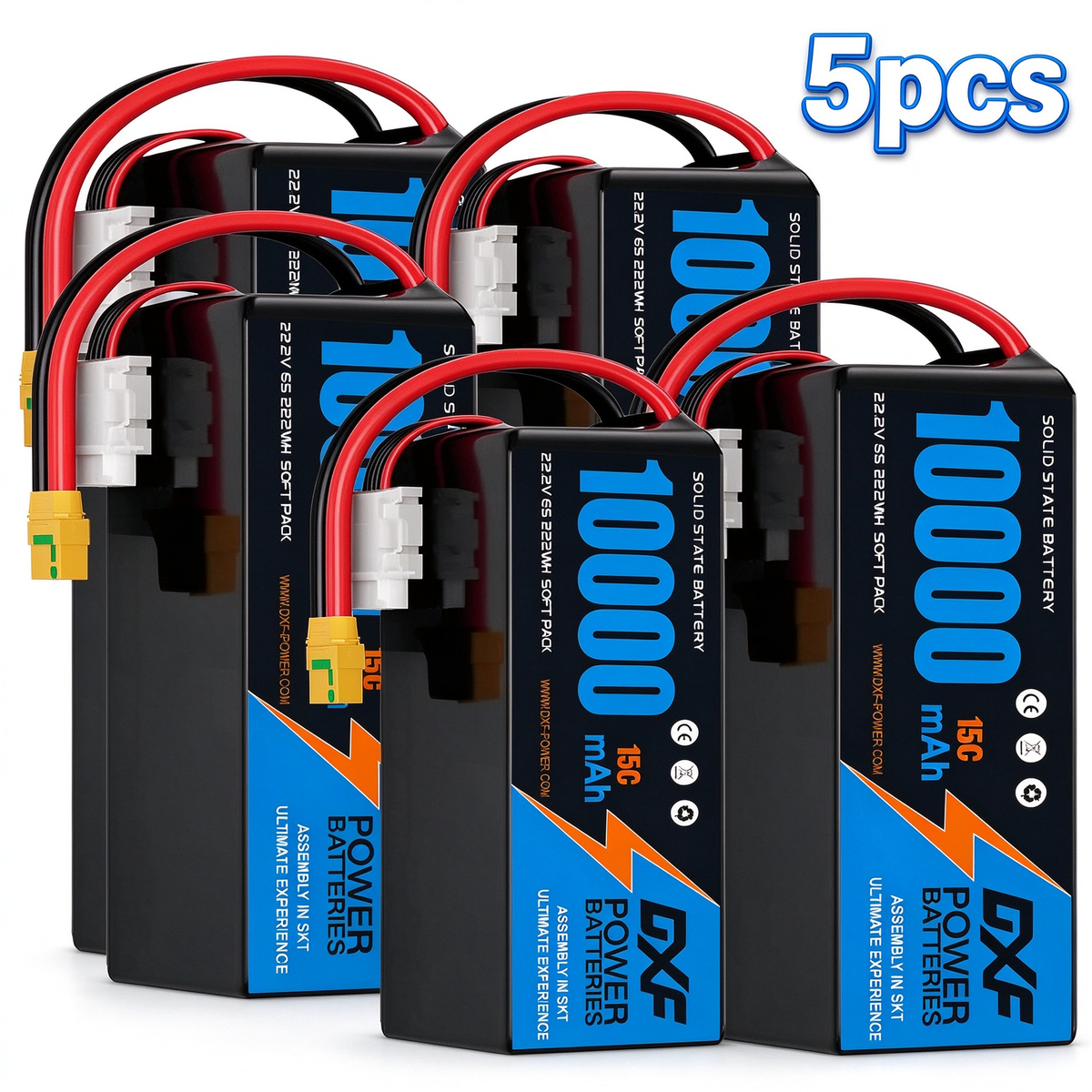 DXF 6S 22.2V 10000mAh 15C Soft Case LiPo Battery with 8AWG Wire for Toy Cars, Boats, UAVs & Drones (1-6 Pack)