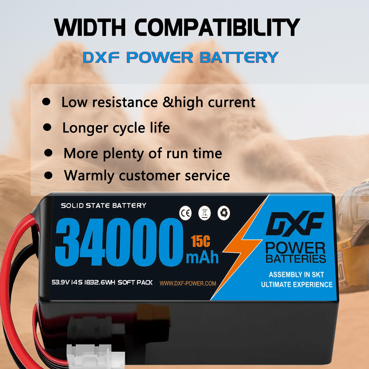 DXF SEMI-SOLID 14S 53.9V 34000mAh 15C Soft Case LiPo Battery with 8AWG Wire for Toy Cars, Boats, UAVs & Drones (1-6 Pack)