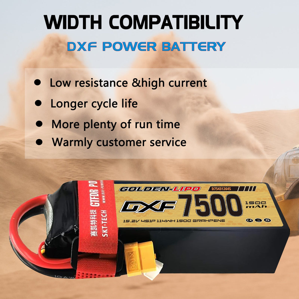 DXF Lipo Battery 4S HV 15.2V 7500mAh 150C GoldSeries Graphene Softcase with EC5 / T / TRX / XT60 / XT90 / XT150 / Q8s Plug for RC 1/8 1/10 Buggy Truck Car Off-Road Drone