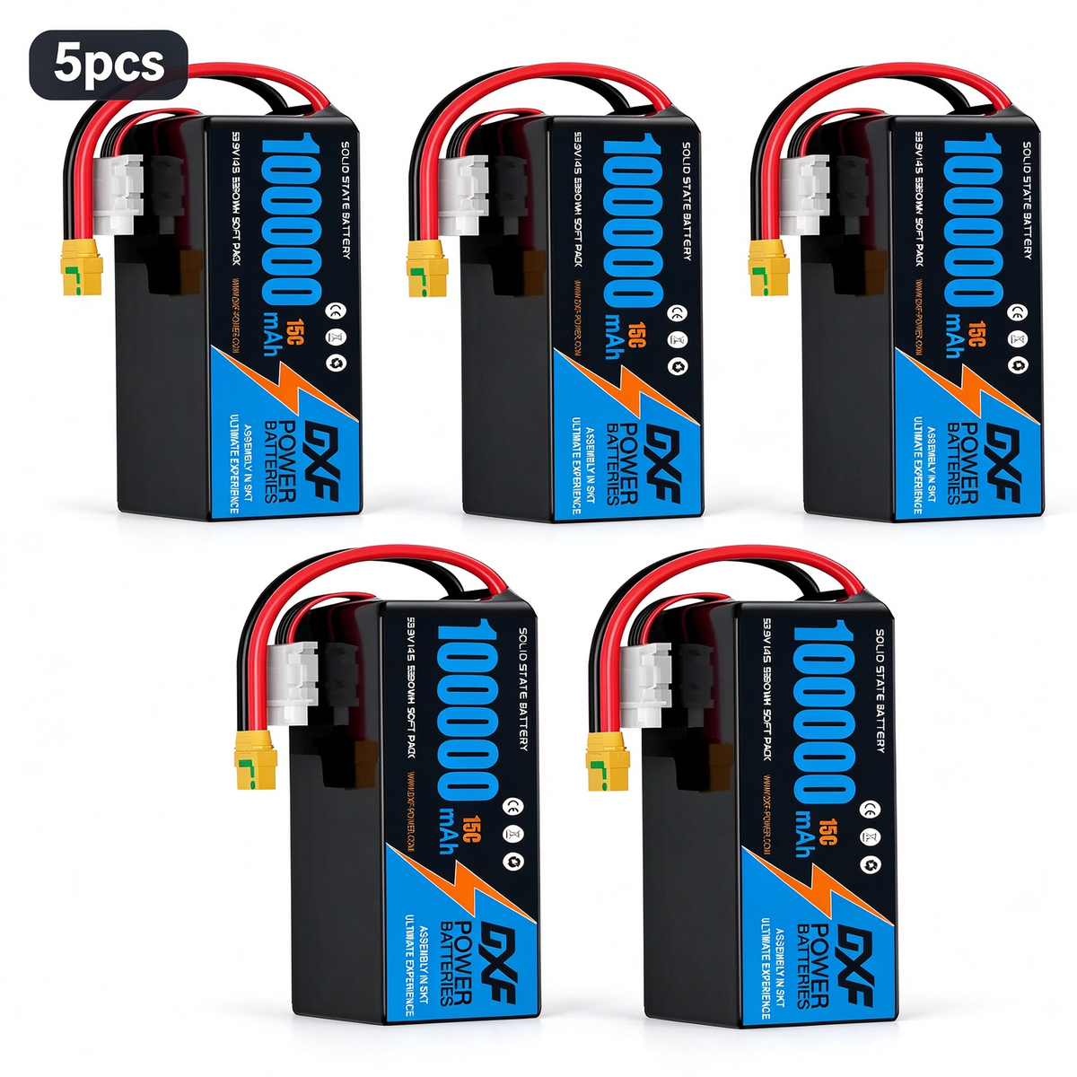 DXF SEMI-SOLID 14S 53.9V 100000mAh 15C Soft Case LiPo Battery with 8AWG Wire for Toy Cars, Boats, UAVs & Drones (1-6 Pack)