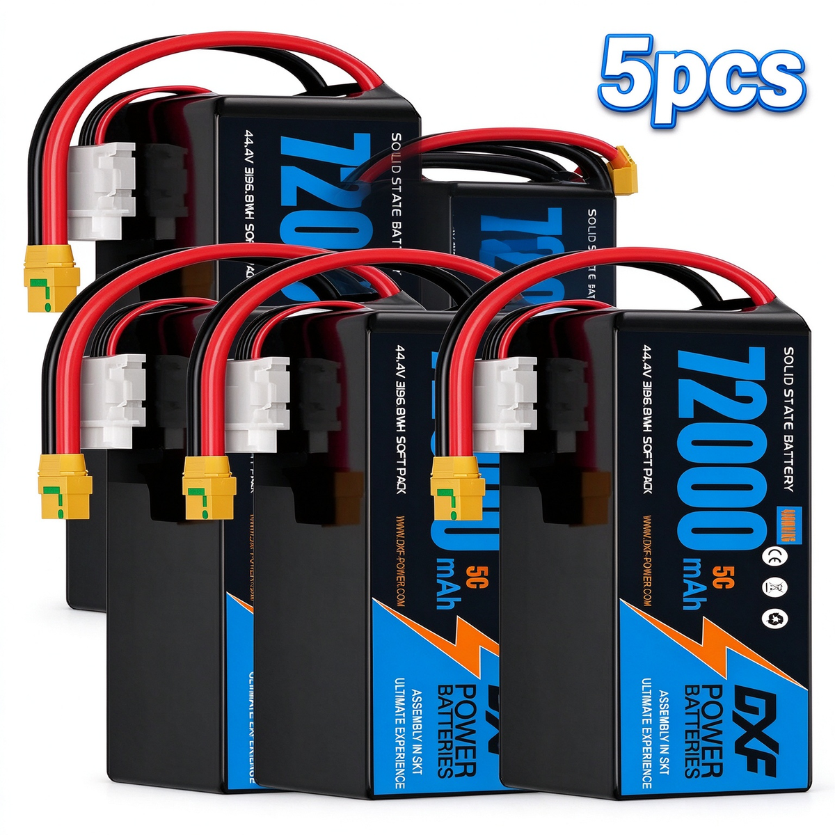 DXF 12S 44.4V 72000mAh 5C Soft Case LiPo Battery with 8AWG Wire for Toy Cars, Boats, UAVs & Drones (1-6 Pack)