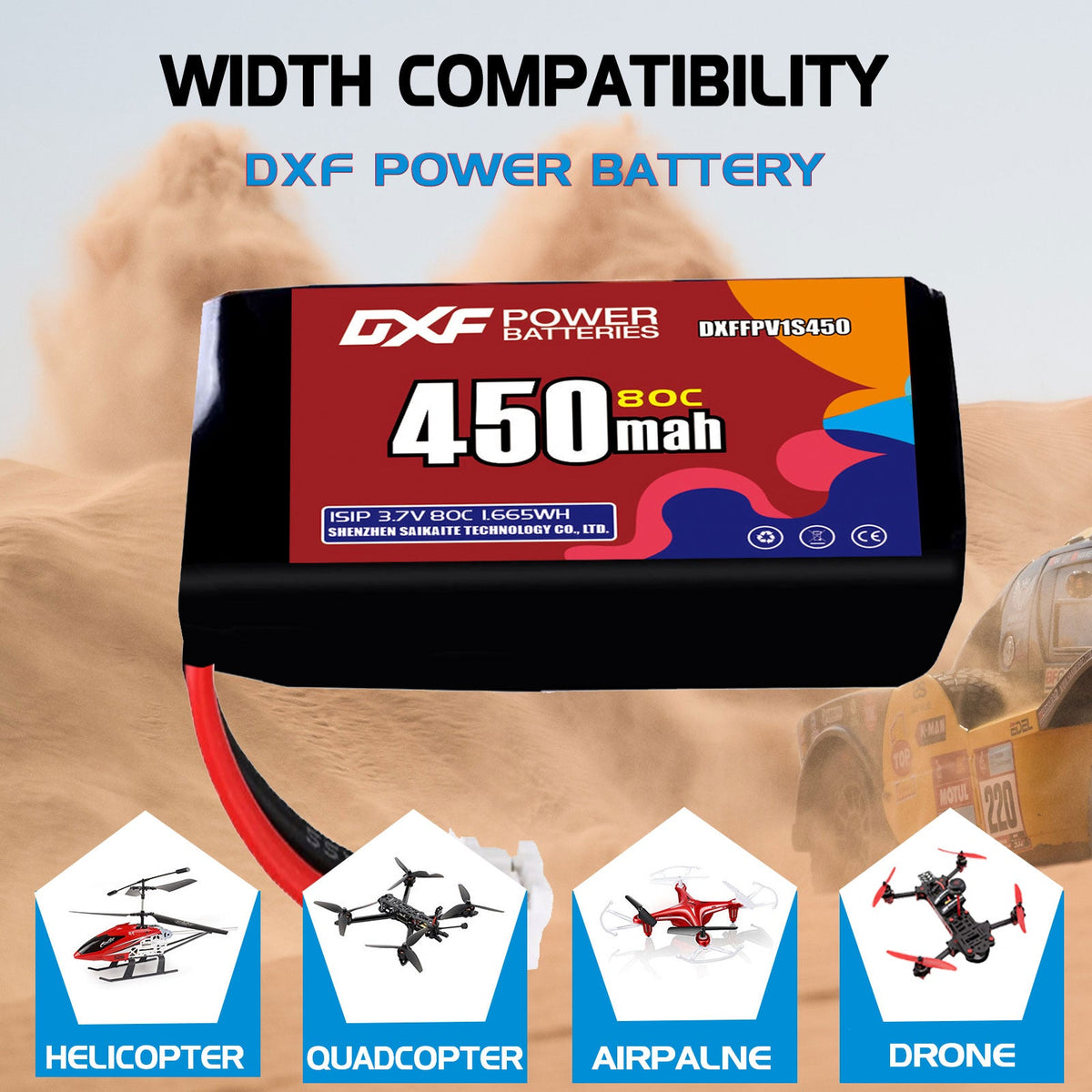 DXF 1S 3.7V 450mAh 80C LiPo Battery for FPV Micro Drones (PH2.0 / JST / XT30 / SM / XT60 / EC5 / XT90 Options)
