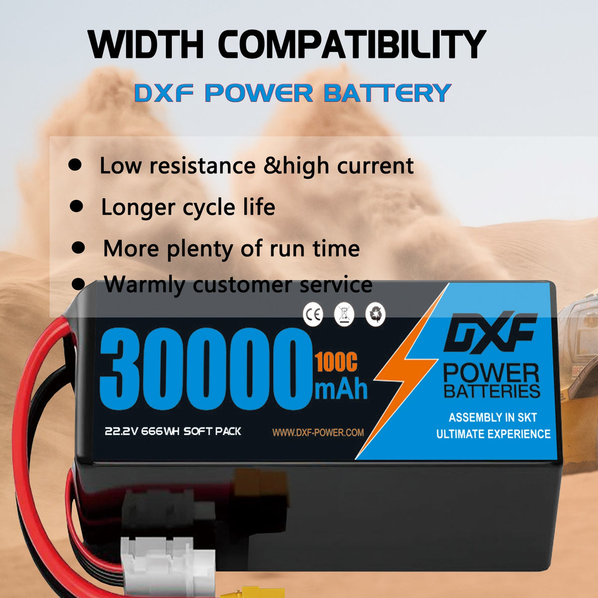 DXF 6S 22.2V 30000mAh 100C Soft Case LiPo Battery with 8AWG Wire for Toy Cars, Boats, UAVs & Drones (1-6 Pack)