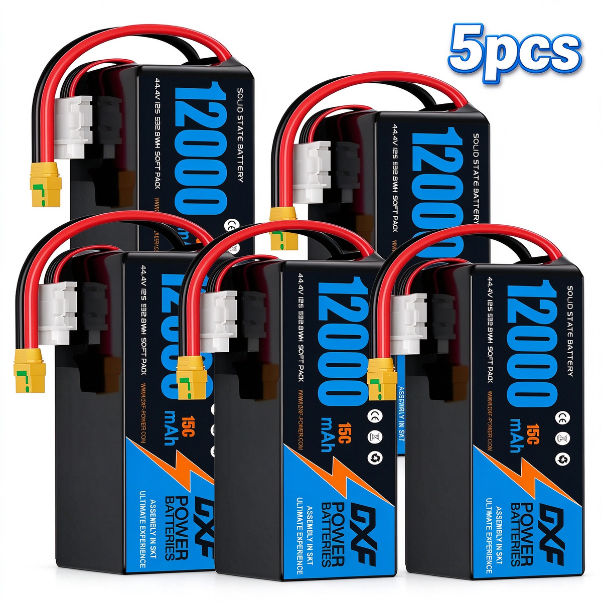 DXF SEMI-SOLID 12S 44.4V 12000mAh 15C Soft Case LiPo Battery with 8AWG Wire for Toy Cars, Boats, UAVs & Drones (1-6 Pack)