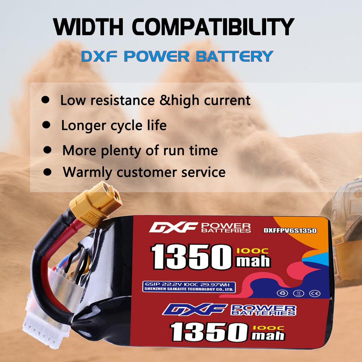 DXF 6S 22.2V 1350mAh 100C LiPo Battery for FPV Micro Drones (PH2.0 / JST / XT30 / SM / XT60 / EC5 / XT90 Options)