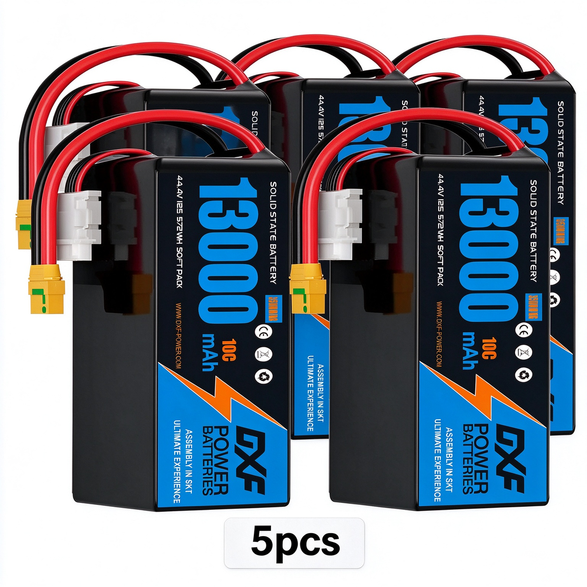 DXF SEMI-SOLID 12S 44.4V 13000mAh 10C Soft Case LiPo Battery with 8AWG Wire for UAVs & Drones (1-6 Pack)