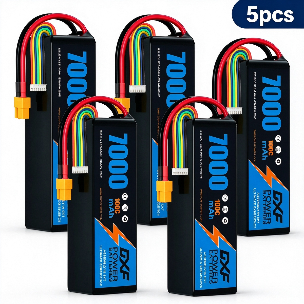 DXF 6S 22.2V 7000mAh 100C Softcase LiPo Battery with XT60 & 10AWG Wire for 1/8 RC Cars (1-6 Pack)