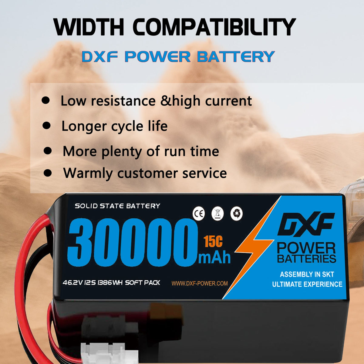 DXF SEMI-SOLID 12S 46.2V 30000mAh 15C Soft Case LiPo Battery with 8AWG Wire for Toy Cars, Boats, UAVs & Drones (1-6 Pack)