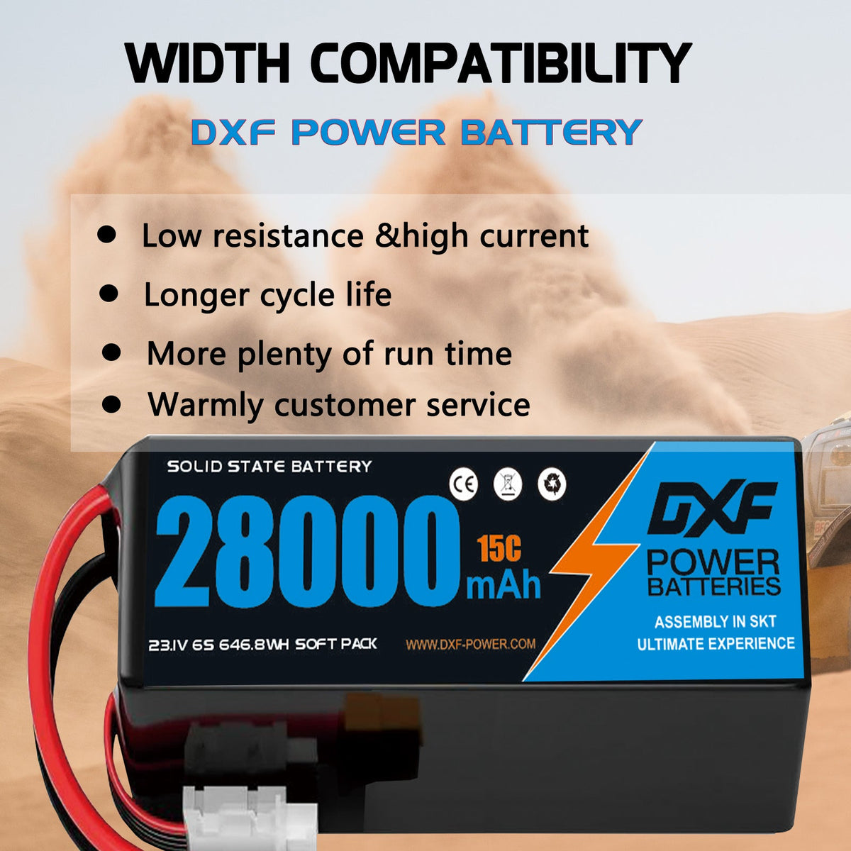 DXF 6S 23.1V 28000mAh 15C Soft Case LiPo Battery with 8AWG Wire for Toy Cars, Boats, UAVs & Drones (1-6 Pack)