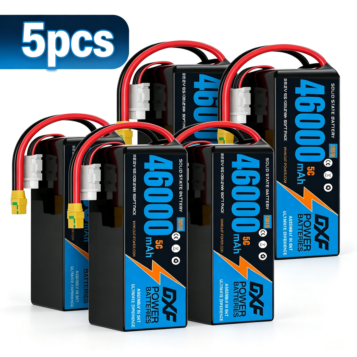 DXF 6S 22.2V 46000mAh 5C Soft Case LiPo Battery with 8AWG Wire for Toy Cars, Boats, UAVs & Drones (1-6 Pack)