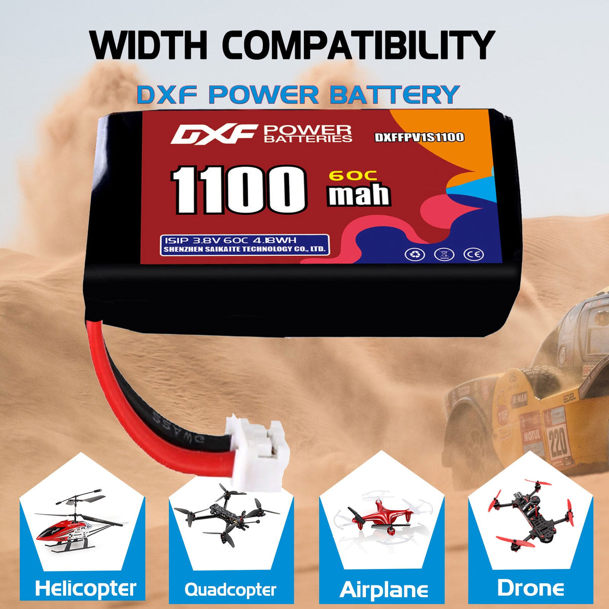 DXF LiPo Battery 1S HV 3.8V 1100mAh 60C with PH2.0 / JST / XT30 / SM / XT60 / EC5 / XT90 for FPV Drone Whoop Micro Racing