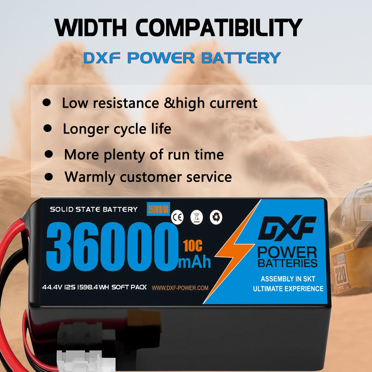 DXF SEMI-SOLID 12S 44.4V 36000mAh 10C Soft Case LiPo Battery with 8AWG Wire for Toy Cars, Boats, UAVs & Drones (1-6 Pack)