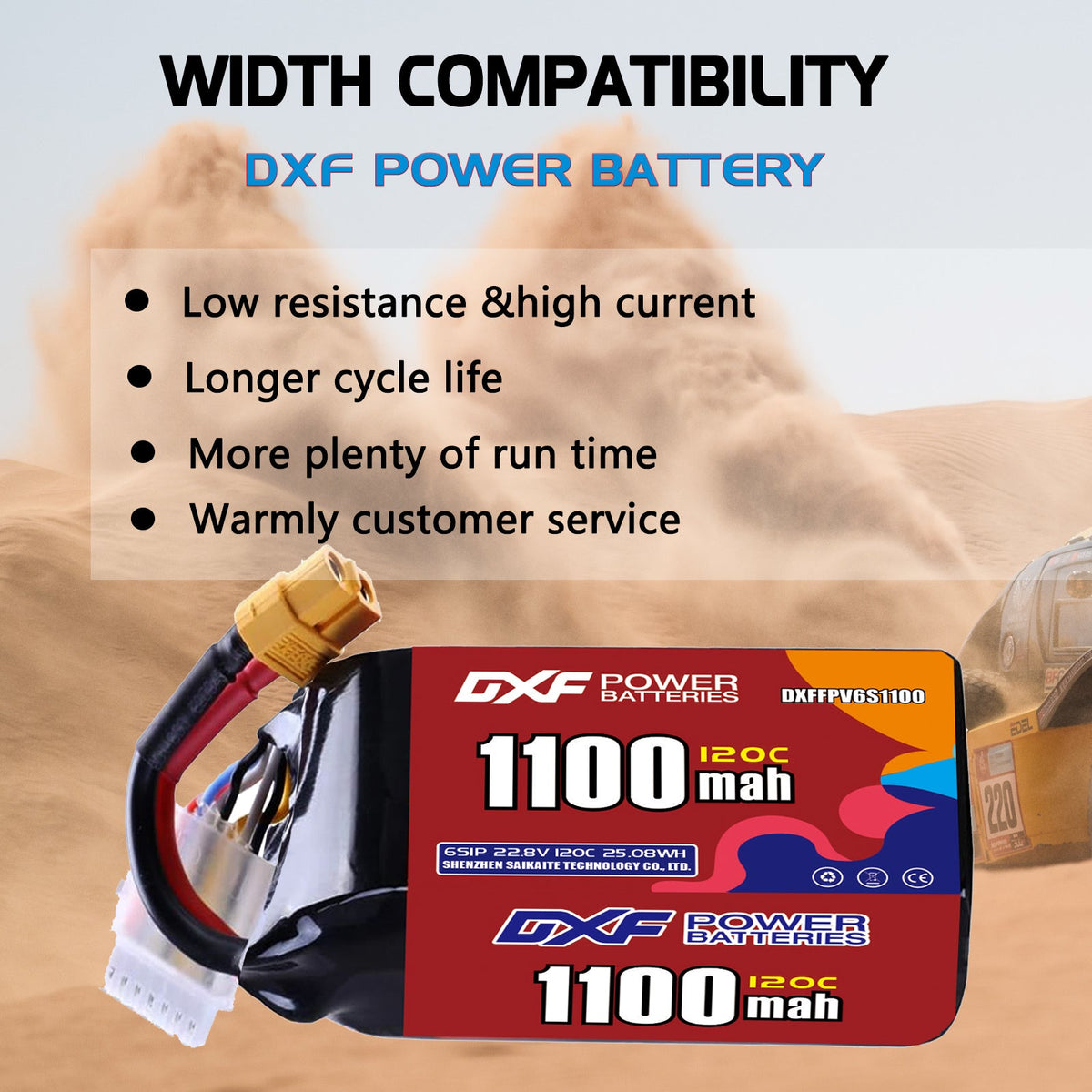 DXF 6S 22.8V 1100mAh 120C LiPo Battery for FPV Micro Drones (PH2.0 / JST / XT30 / SM / XT60 / EC5 / XT90 Options)