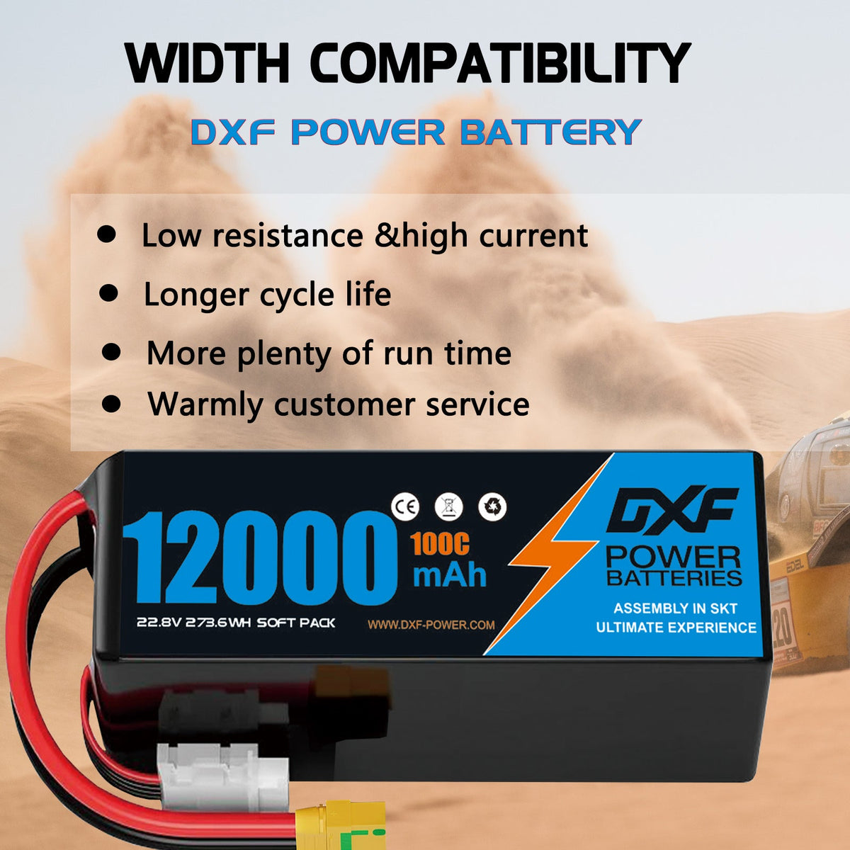 DXF 6S 22.8V 12000mAh 100C Soft Case LiPo Battery with 8AWG Wire for Toy Cars, Boats, UAVs & Drones (1-6 Pack)
