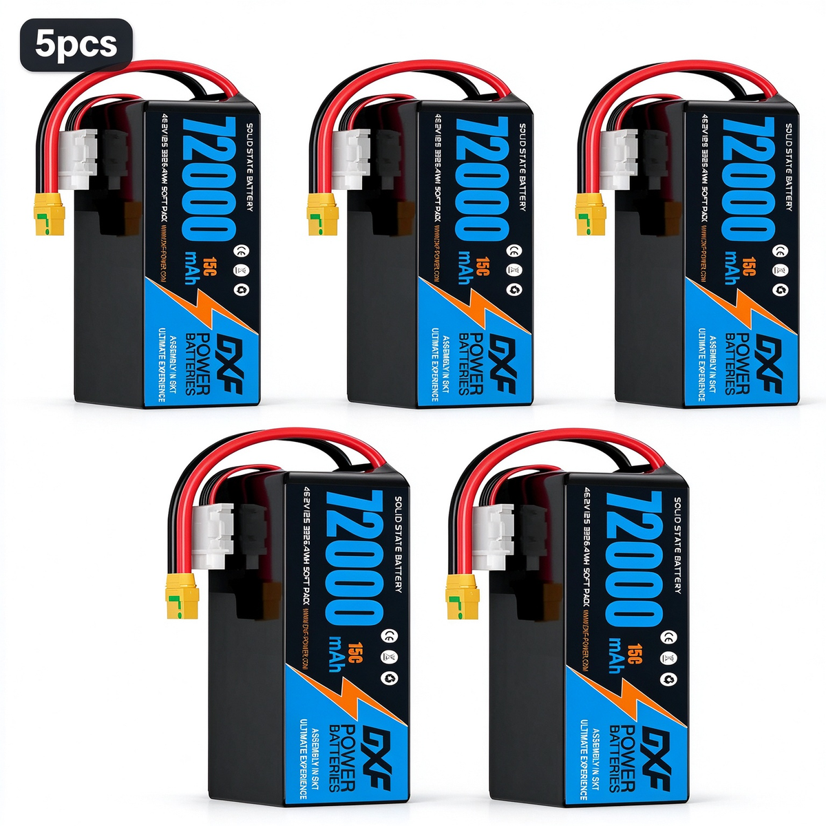 DXF SEMI-SOLID 12S 46.2V 72000mAh 15C Soft Case LiPo Battery with 8AWG Wire for Toy Cars, Boats, UAVs & Drones (1-6 Pack)