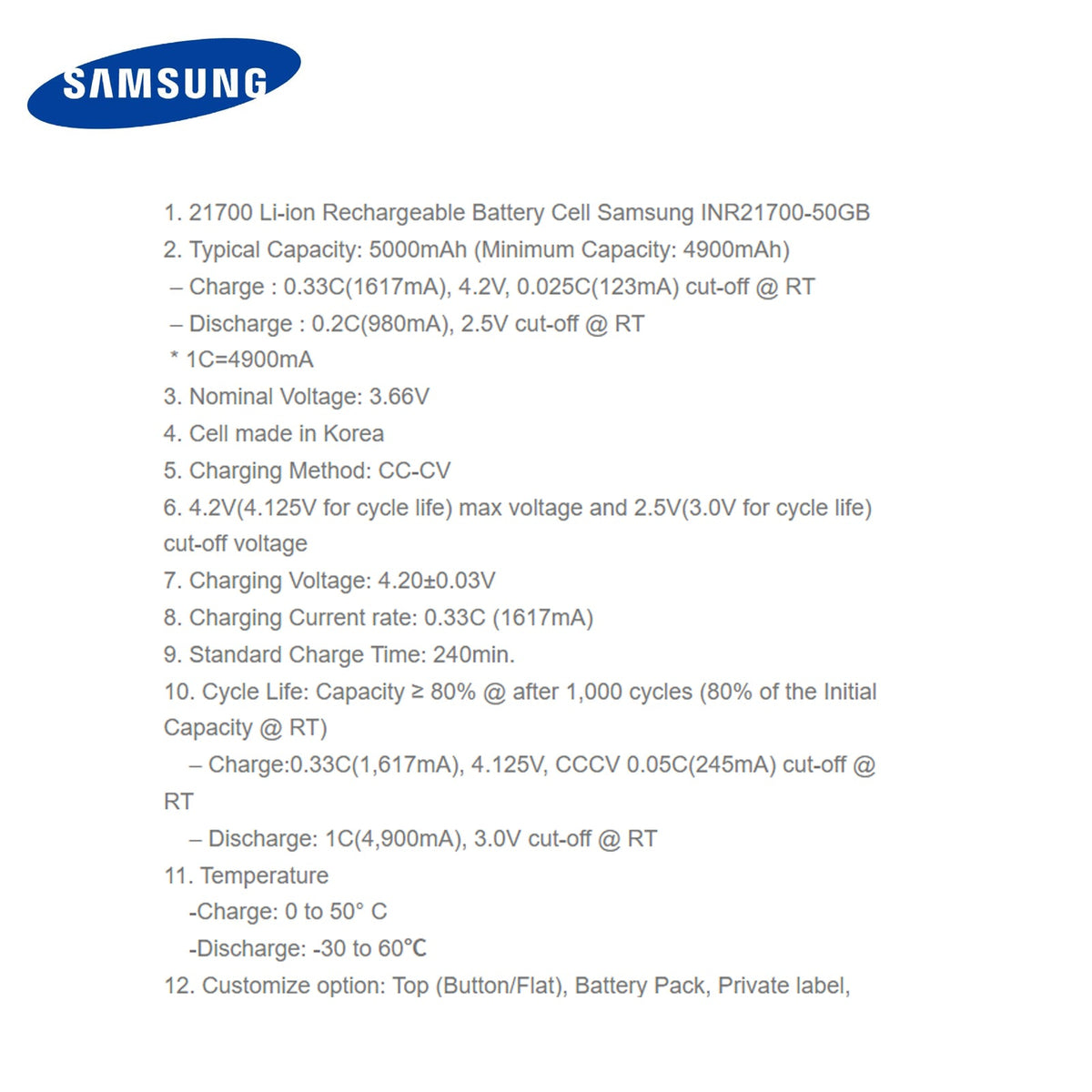 Samsung INR21700-50GB 5000mAh 15A Li-ion Battery for E-Bikes, Flashlights & DIY Battery Packs (1-100 PCS)