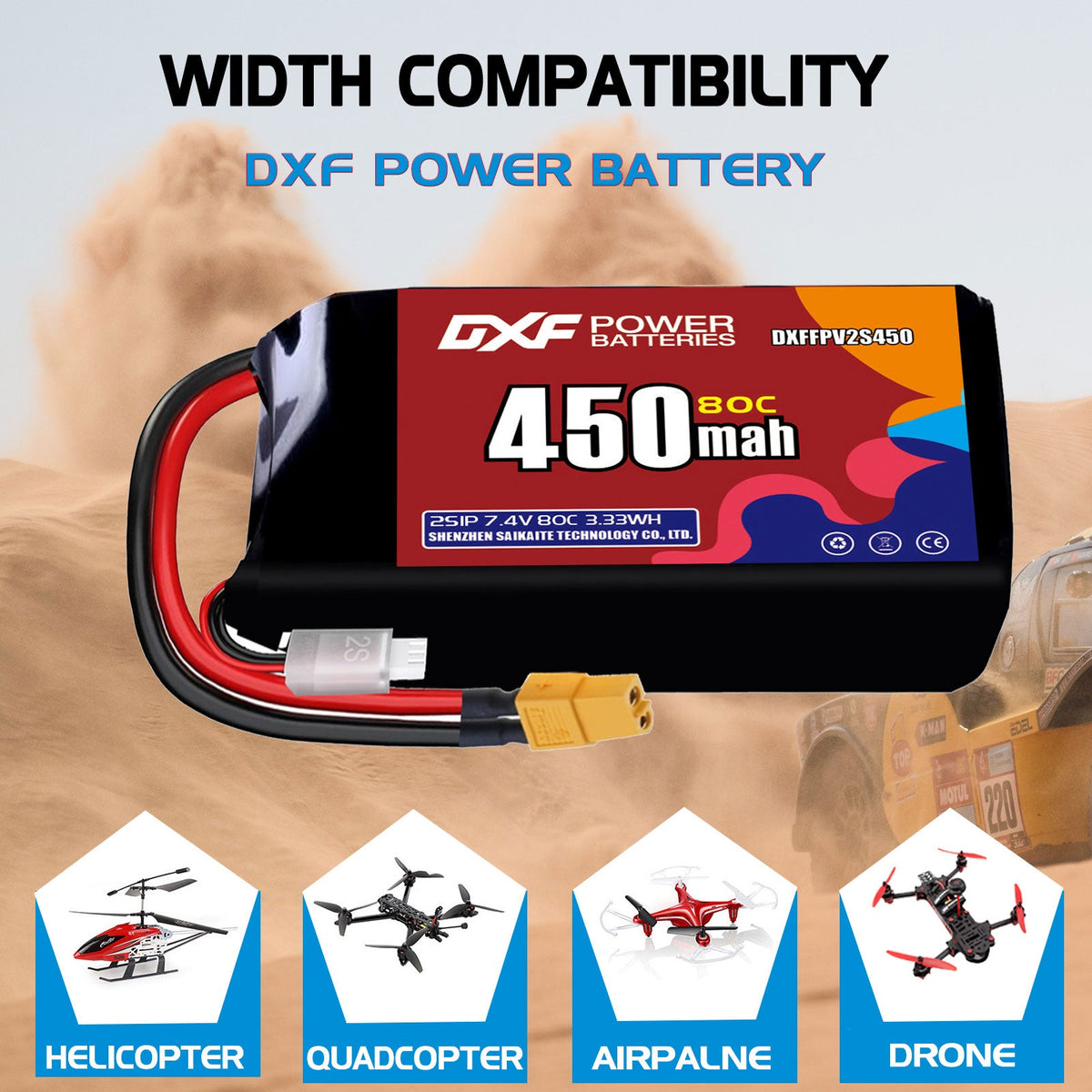 DXF 2S 7.4V 450mAh 80C LiPo Battery for FPV Micro Drones (PH2.0 / JST / XT30 / SM / XT60 / EC5 / XT90 Options)