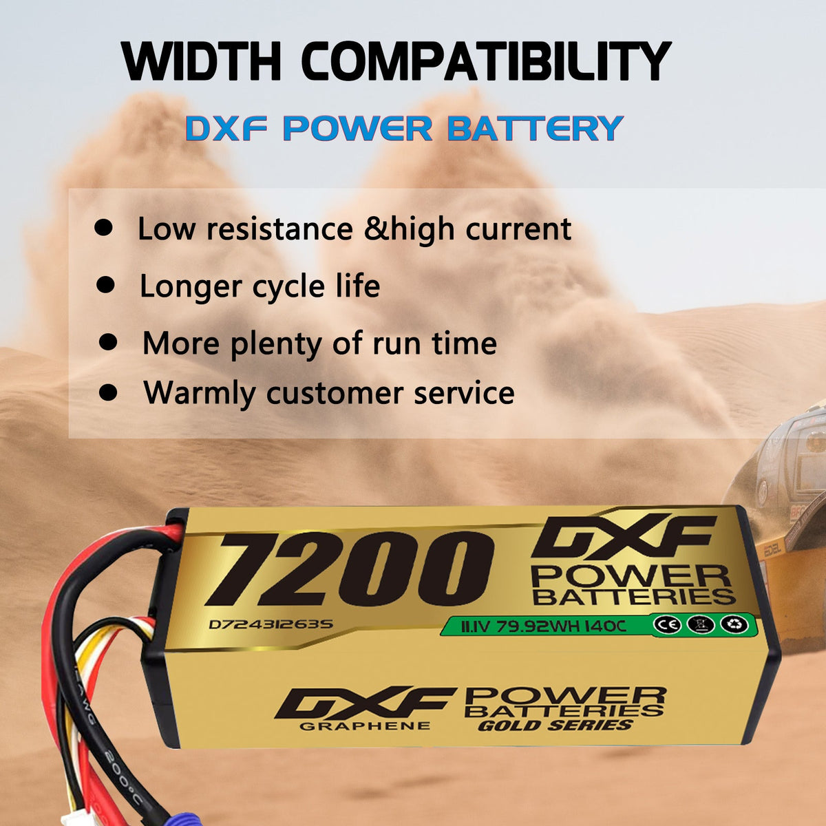 DXF LiPo Battery 3S 11.1V 7200mAh 140C Graphene Hardcase Gold with EC5 / T / TRX / XT60 / XT90 / XT150 / Q8s Plug for RC 1/8 1/10 Buggy Truck Car Off-Road Drone