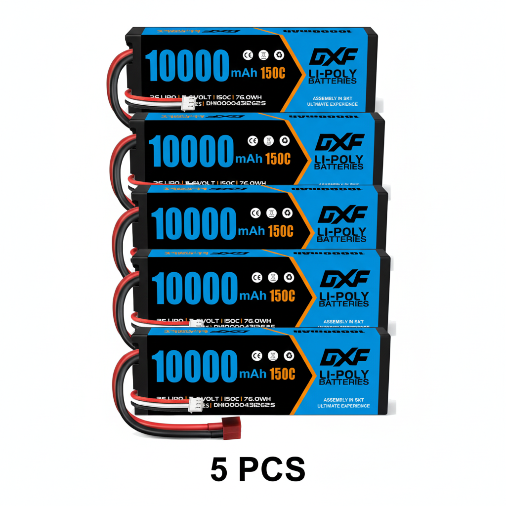 DXF Blue Version 2S HV 7.6V 10000mAh 150C Hardcase LiPo Battery with Deans T-Plug & 10AWG Wire (1-6 Pack)