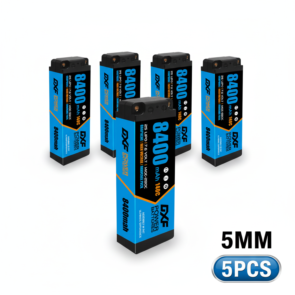 DXF BLUE 2S HV 7.6V 8400mAh 140C Graphene Slim Hardcase LiPo with 5mm to Deans/T-Plug & 10AWG Wire (1-6 Pack)