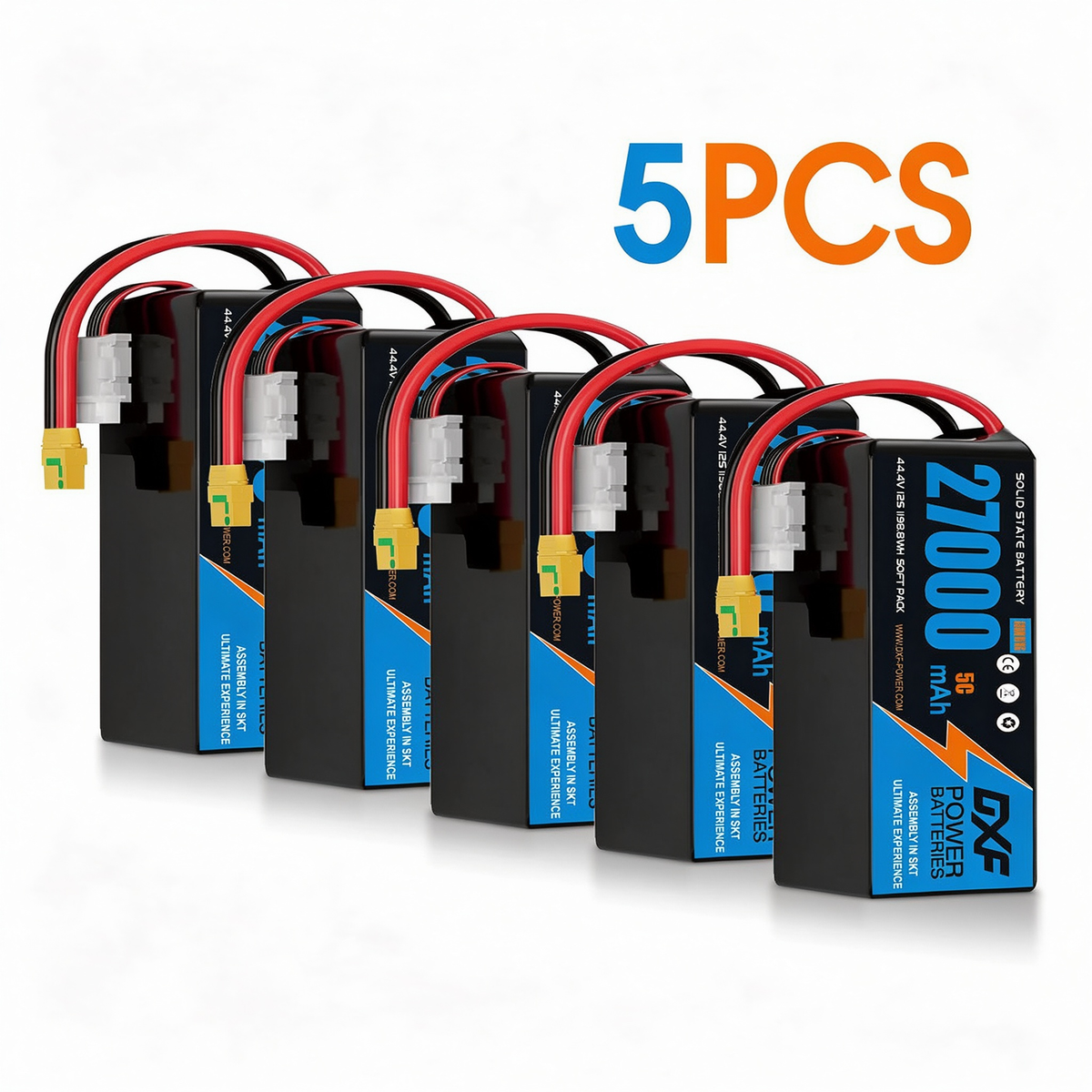 DXF SEMI-SOLID 12S 44.4V 27000mAh 5C Soft Case LiPo Battery with 8AWG Wire for UAVs & Drones (1-6 Pack)