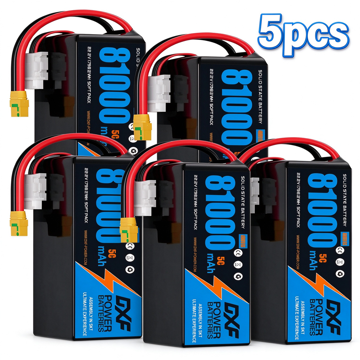DXF 6S 22.2V 81000mAh 5C Soft Case LiPo Battery with 8AWG Wire for Toy Cars, Boats, UAVs & Drones (1-6 Pack)