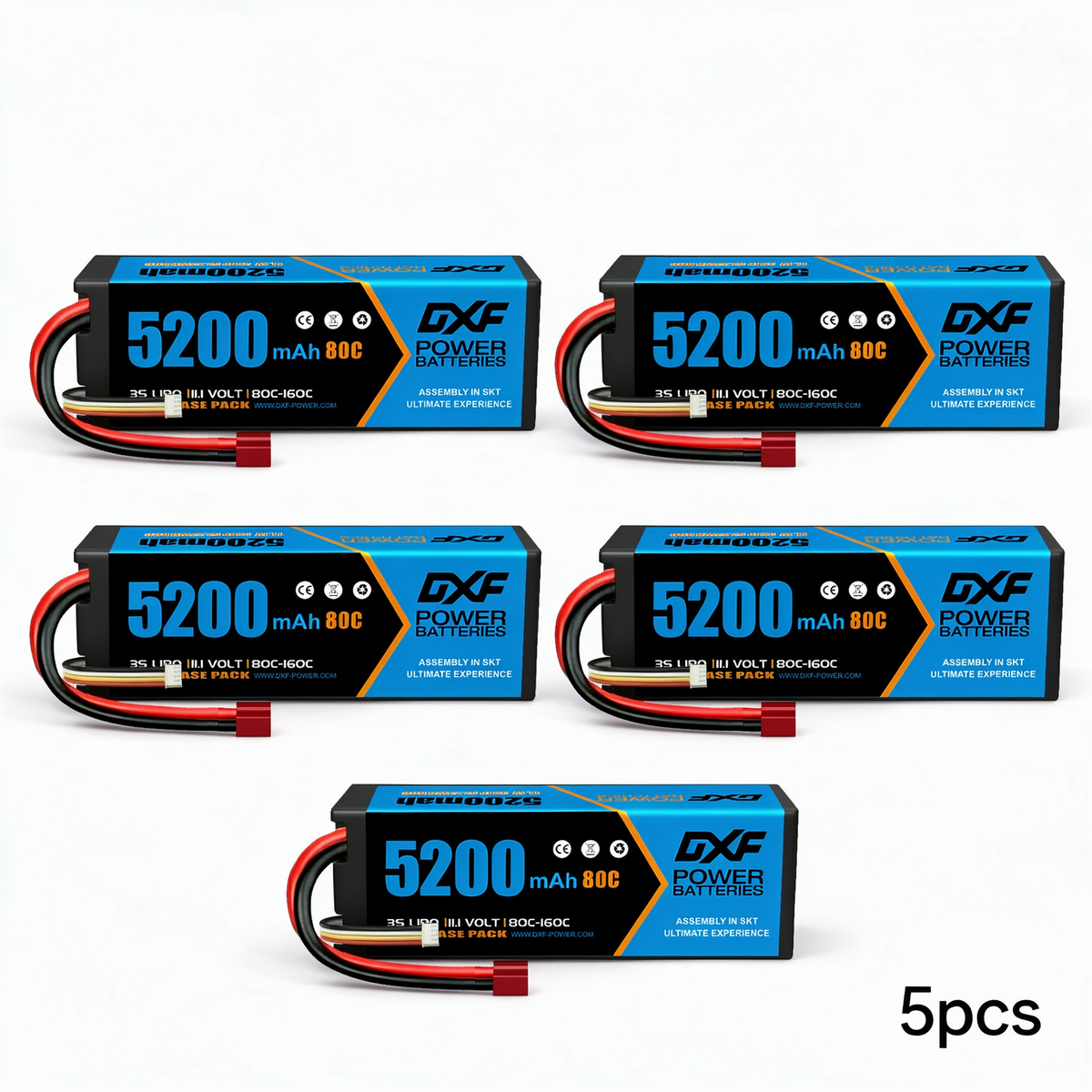 DXF BLUE Series 3S 11.1V 5200mAh 80C Hardcase LiPo with Deans/T-Plug & 10AWG Wire for Toy Cars, Boats, Aircraft & FPV Drones (1-6 Pack)