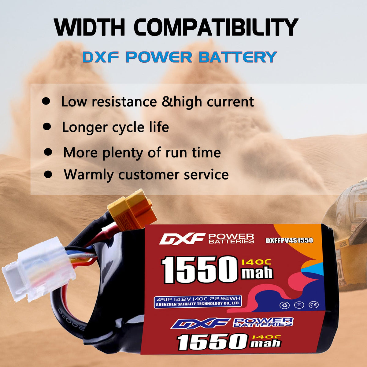 DXF 4S 14.8V 1550mAh 140C LiPo Battery for FPV Micro Drones (PH2.0 / JST / XT30 / SM / XT60 / EC5 / XT90 Options)