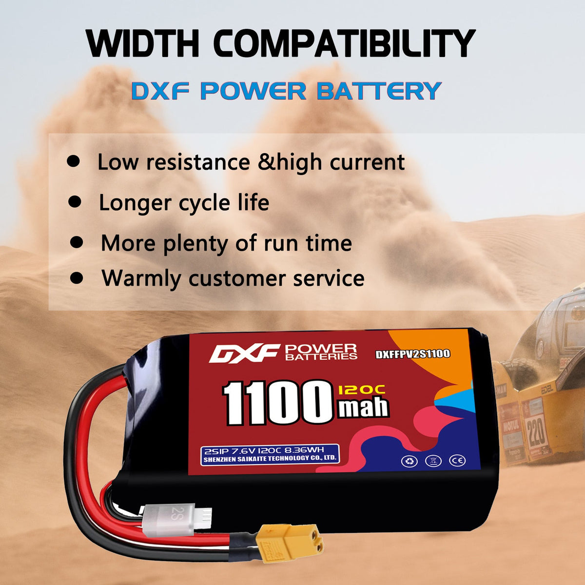 DXF 2S 7.6V 1100mAh 120C LiPo Battery for FPV Micro Drones (PH2.0 / JST / XT30 / SM / XT60 / EC5 / XT90 Options)