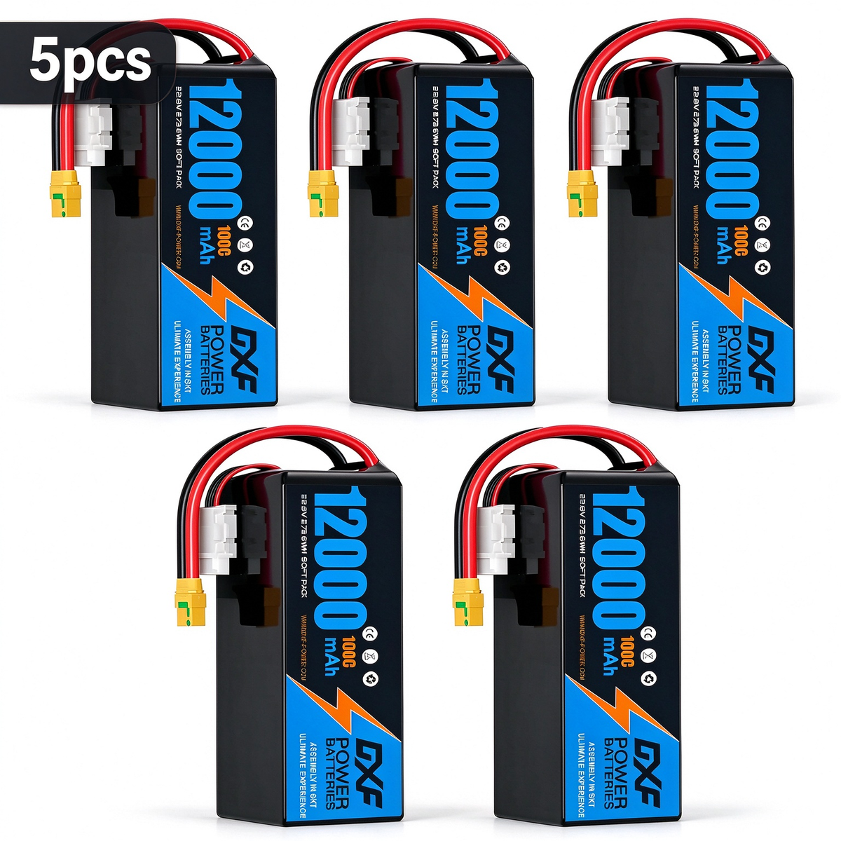 DXF 6S 22.8V 12000mAh 100C Soft Case LiPo Battery with 8AWG Wire for Toy Cars, Boats, UAVs & Drones (1-6 Pack)