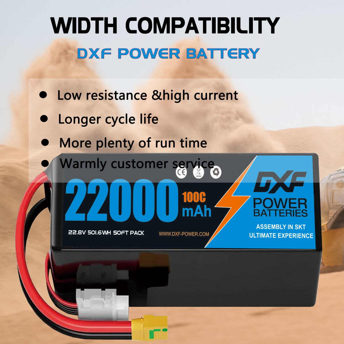 DXF 6S 22.8V 22000mAh 100C Soft Case LiPo Battery with 8AWG Wire for Toy Cars, Boats, UAVs & Drones (1-6 Pack)