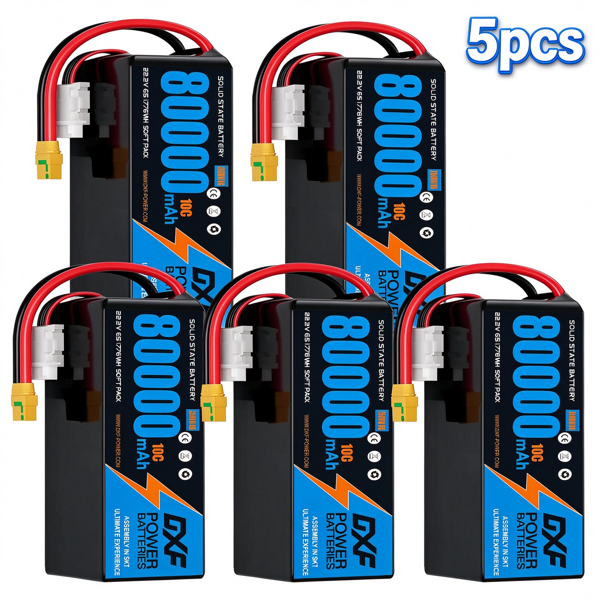 DXF SEMI-SOLID 12S 44.4V 80000mAh 10C Soft Case LiPo Battery with 8AWG Wire for Toy Cars, Boats, UAVs & Drones (1-6 Pack)