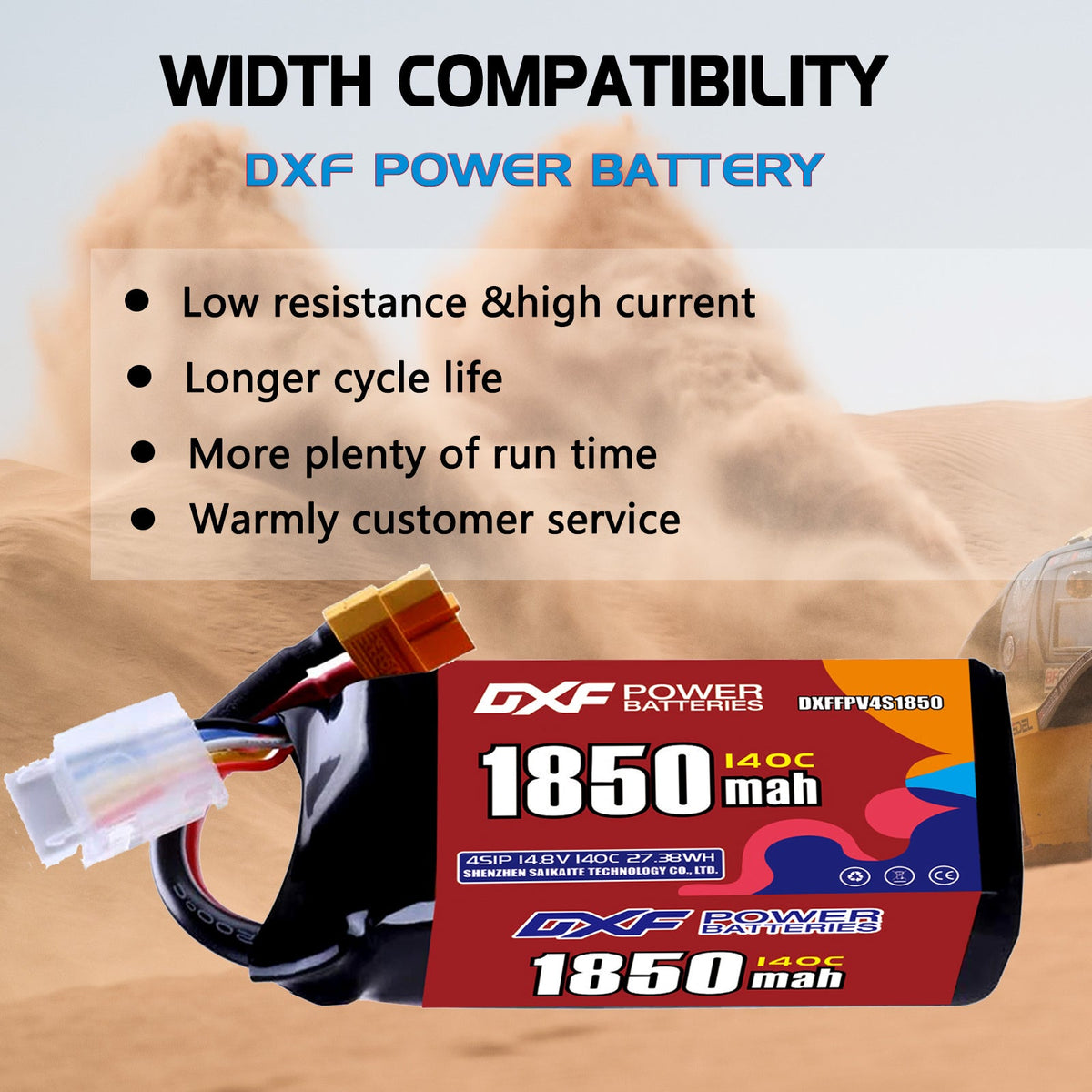 DXF 4S 14.8V 1850mAh 140C LiPo Battery for FPV Micro Drones (PH2.0 / JST / XT30 / SM / XT60 / EC5 / XT90 Options)