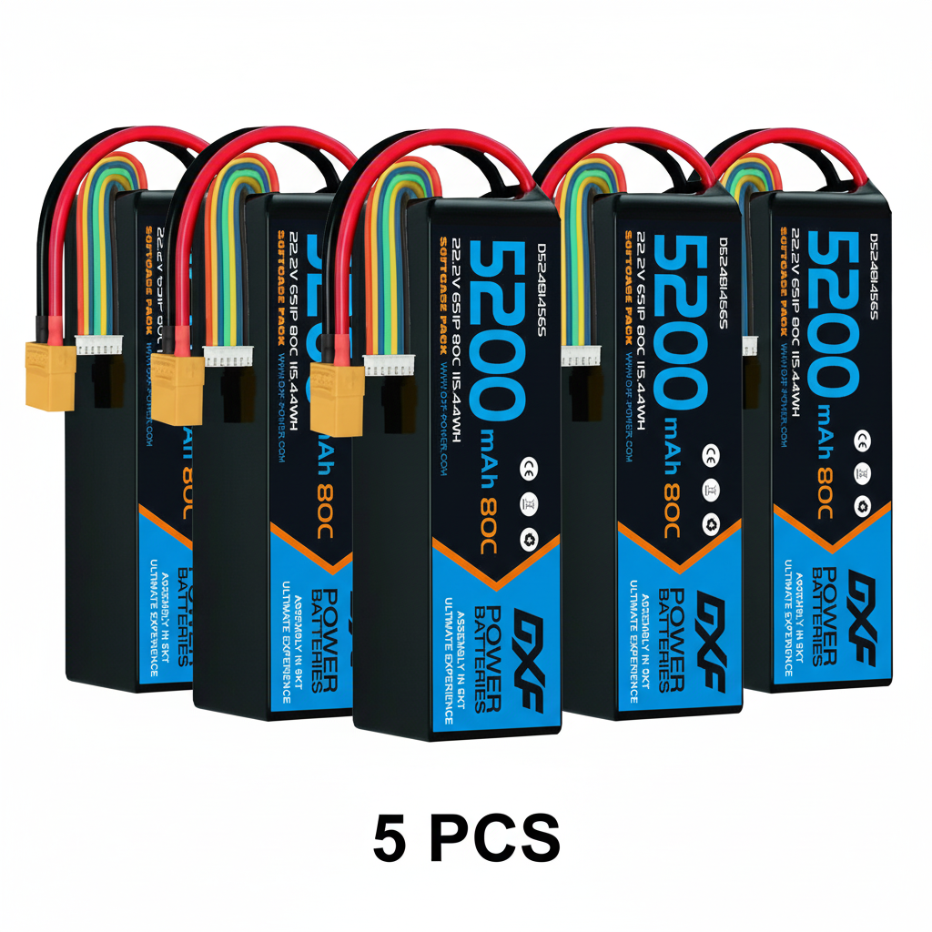 DXF 6S 22.2V 5200mAh 80C Softcase LiPo Battery with XT90 & 10AWG Wire for 1/8 RC Cars (1-6 Pack)