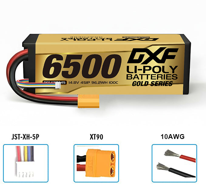 DXF Gold Series 4S 14.8V 6500mAh 100C Graphene Hardcase LiPo Battery with XT90 & 10AWG Wire (1-6 Pack)
