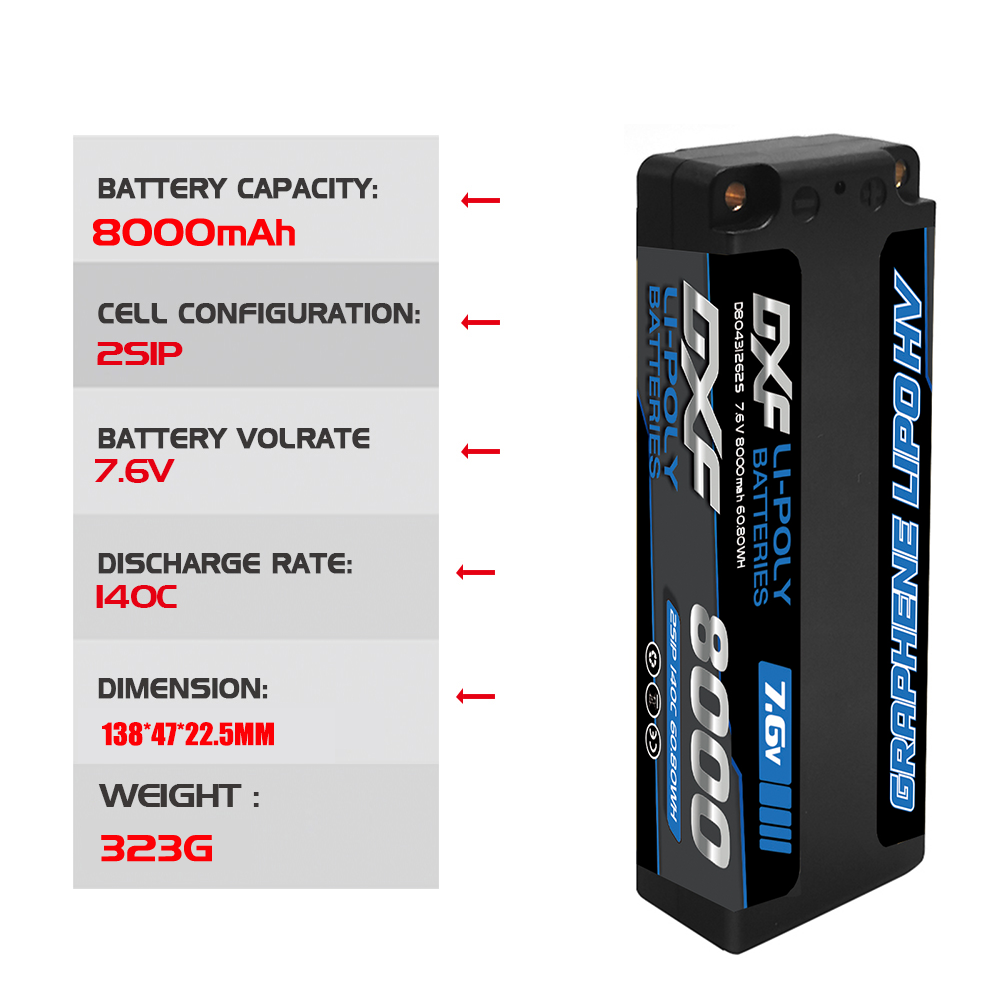 DXF 2S 7.6V Lipo Battery 140C 8000mAh Hardcase with 5mm Bullet to Deans Plug for RC 1/8 Vehicles Car Truck Tank Truggy Competition Racing Hobby