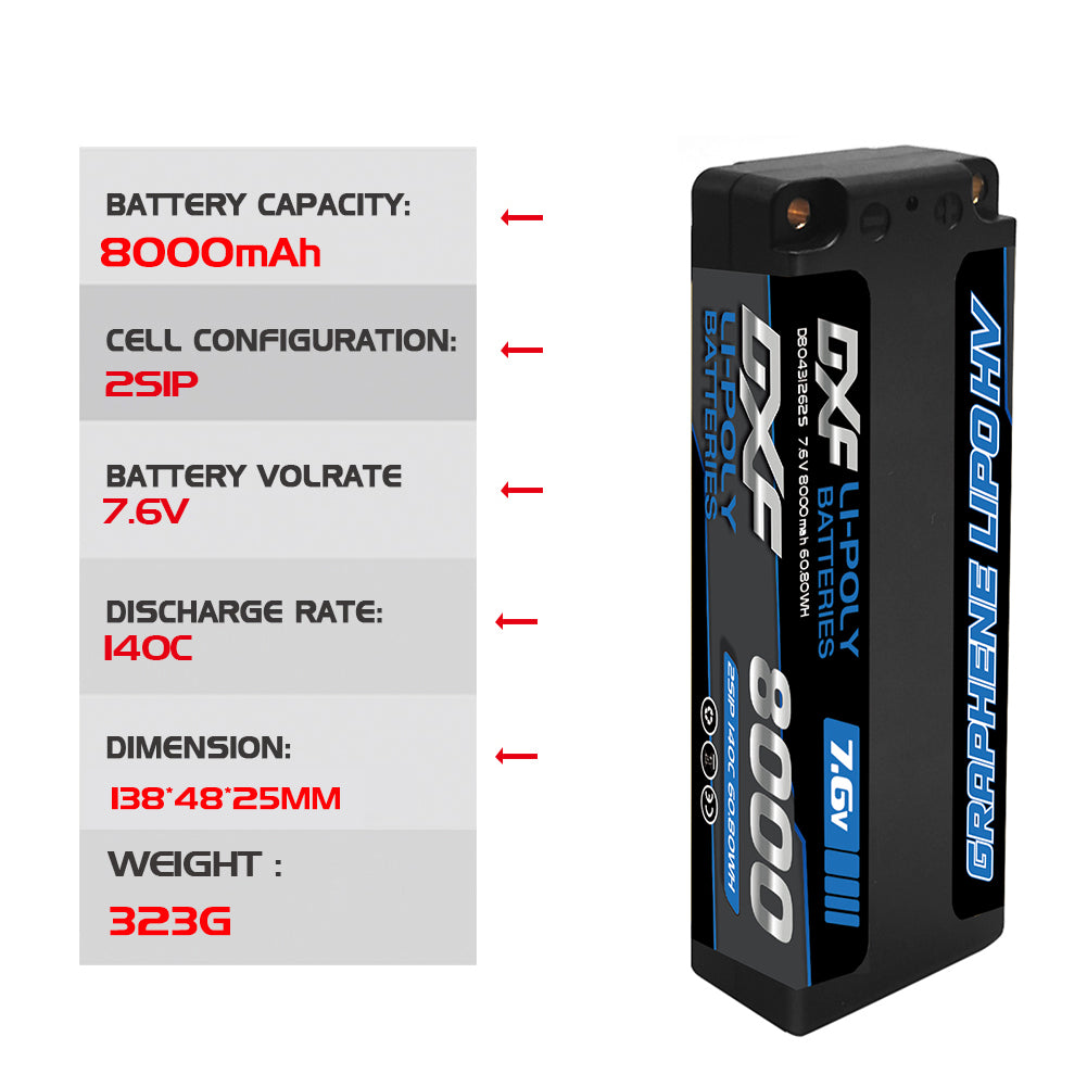 DXF 2S 7.6V Lipo Battery 140C 8000mAh Hardcase with 5mm Bullet to Deans Plug for RC 1/8 Vehicles Car Truck Tank Truggy Competition Racing Hobby