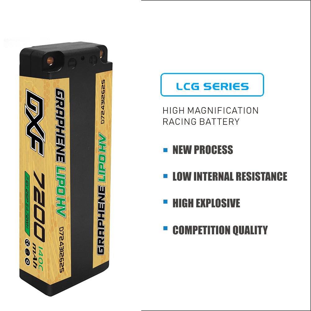 DXF LiPo Battery 2S HV 7.6V 7200mAh 140C Graphene Gold Version with 5mm Bullet / EC5 / T / TRX / XT60 / XT90 / XT150 / Q8s Plug for RC 1/10 1/8 Scale Car Racing