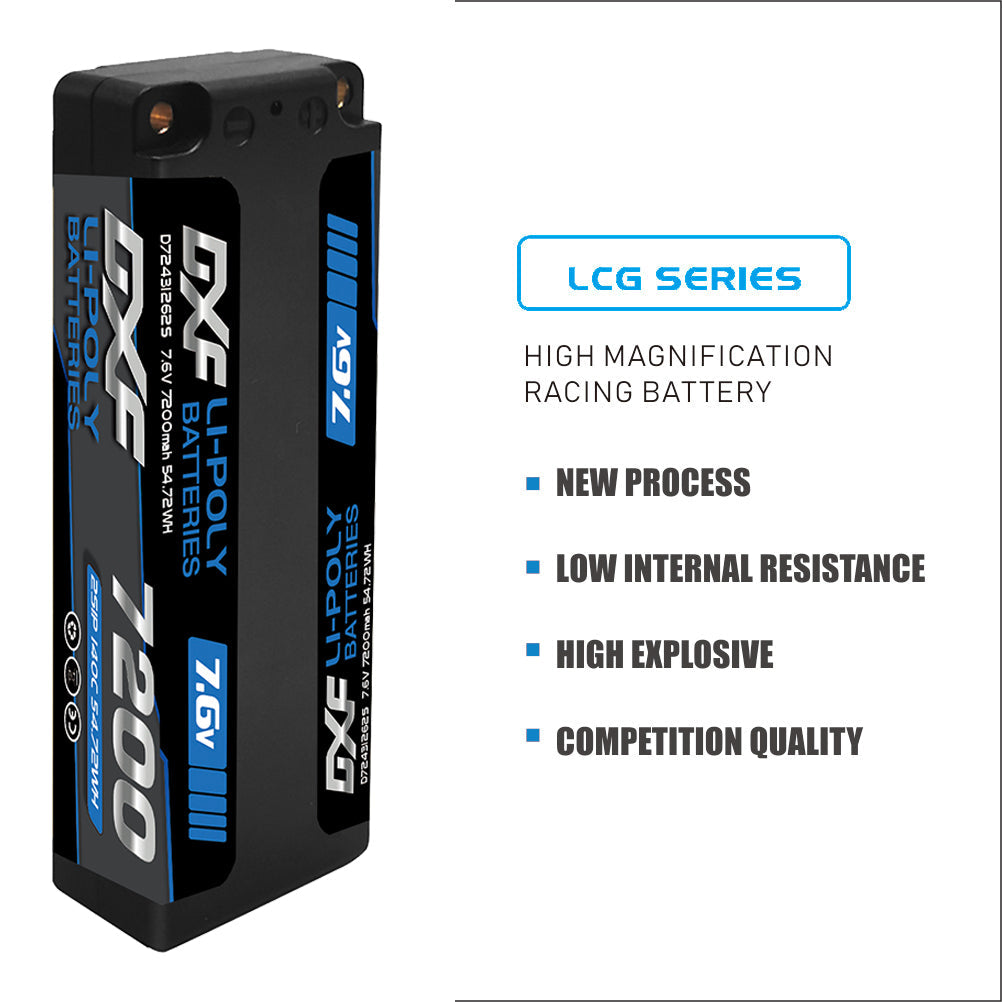 DXF LiPo Battery 2S HV 7.6V 7200mAh 140C Graphene Blue with 5mm Bullet / EC5 / T / TRX / XT60 / XT90 / XT150 / Q8s Plug for RC 1/10 1/8 Scale Car Racing