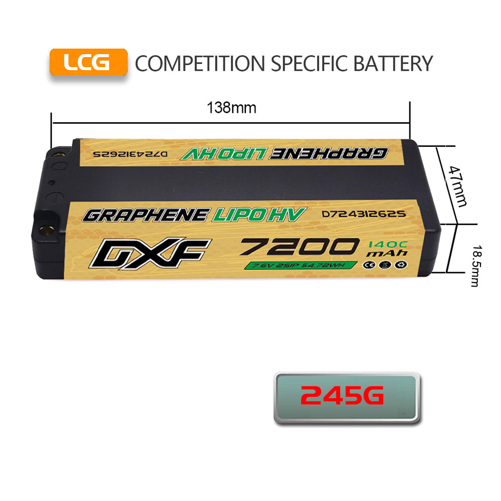 DXF LiPo Battery 2S HV 7.6V 7200mAh 140C Graphene Gold Version with 5mm Bullet / EC5 / T / TRX / XT60 / XT90 / XT150 / Q8s Plug for RC 1/10 1/8 Scale Car Racing