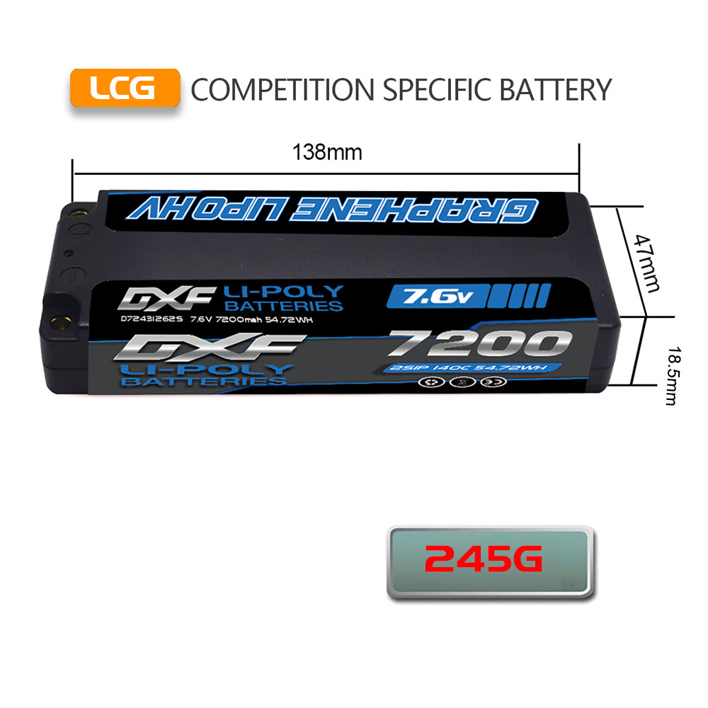 DXF LiPo Battery 2S HV 7.6V 7200mAh 140C Graphene Blue with 5mm Bullet / EC5 / T / TRX / XT60 / XT90 / XT150 / Q8s Plug for RC 1/10 1/8 Scale Car Racing