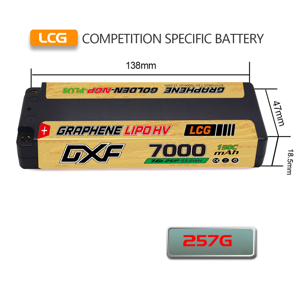 DXF LiPo Battery 2S HV 7.6V 7000mAh 150C Graphene NGP Plus Gold Version with 5mm Bullet / EC5 / T / TRX / XT60 / XT90 / XT150 / Q8s Plug for RC 1/10 1/8 Scale Car Racing