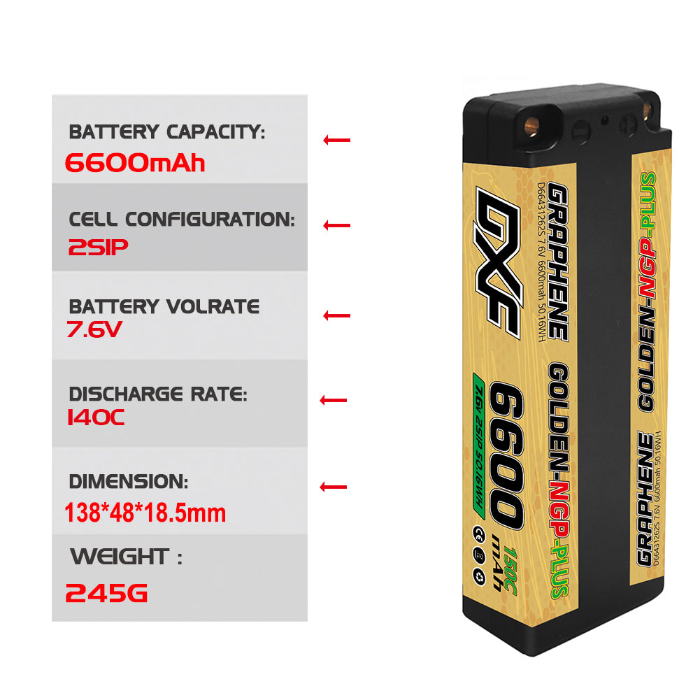DXF LiPo Battery 2S HV 7.6V 6600mAh 150C Graphene NGP Plus Gold Version with 5mm Bullet / EC5 / T / TRX / XT60 / XT90 / XT150 / Q8s Plug for RC 1/10 1/8 Scale Car Racing