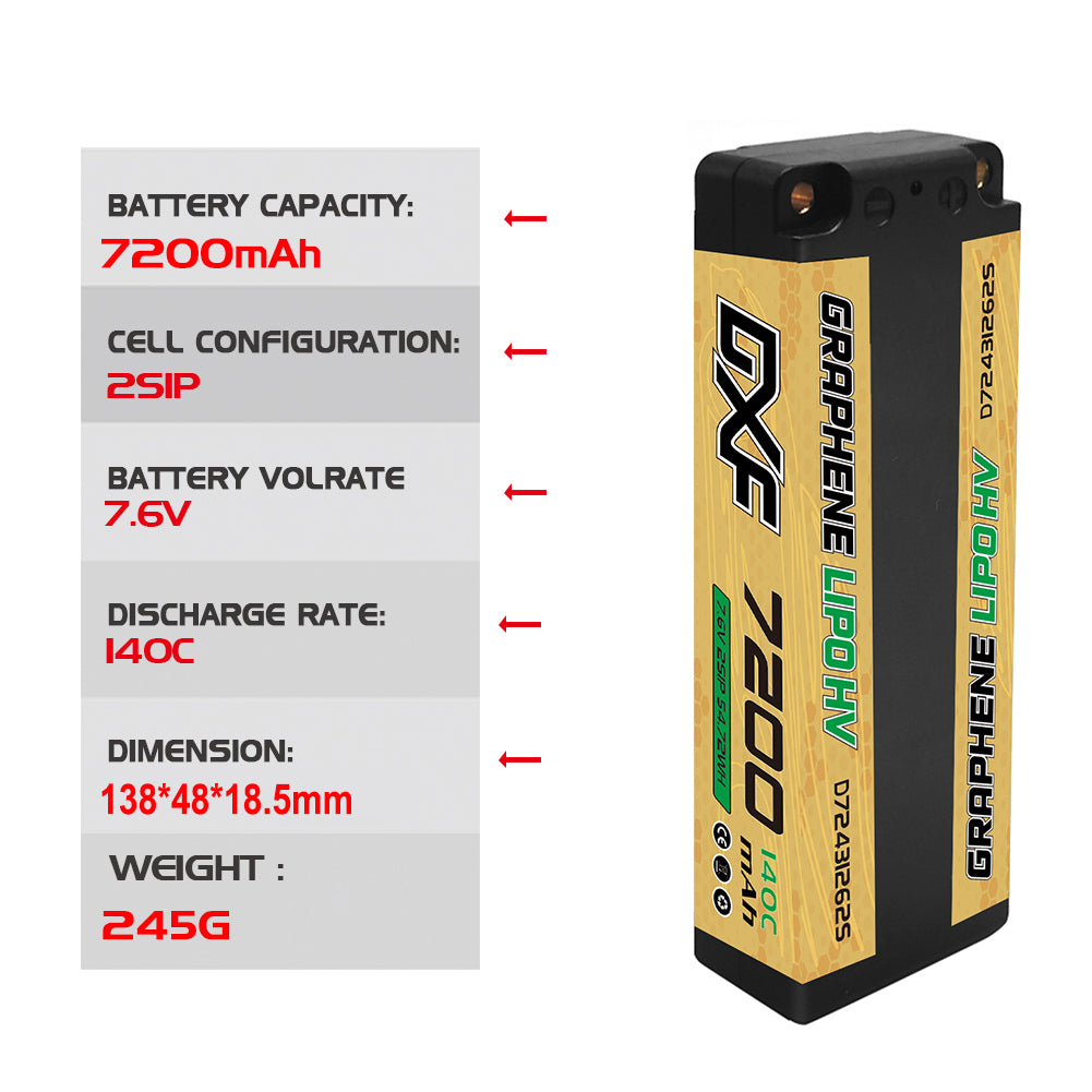 DXF LiPo Battery 2S HV 7.6V 7200mAh 140C Graphene Gold Version with 5mm Bullet / EC5 / T / TRX / XT60 / XT90 / XT150 / Q8s Plug for RC 1/10 1/8 Scale Car Racing